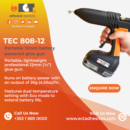 Graphic illustrating Power Adhesives TEC808-12 glue gun