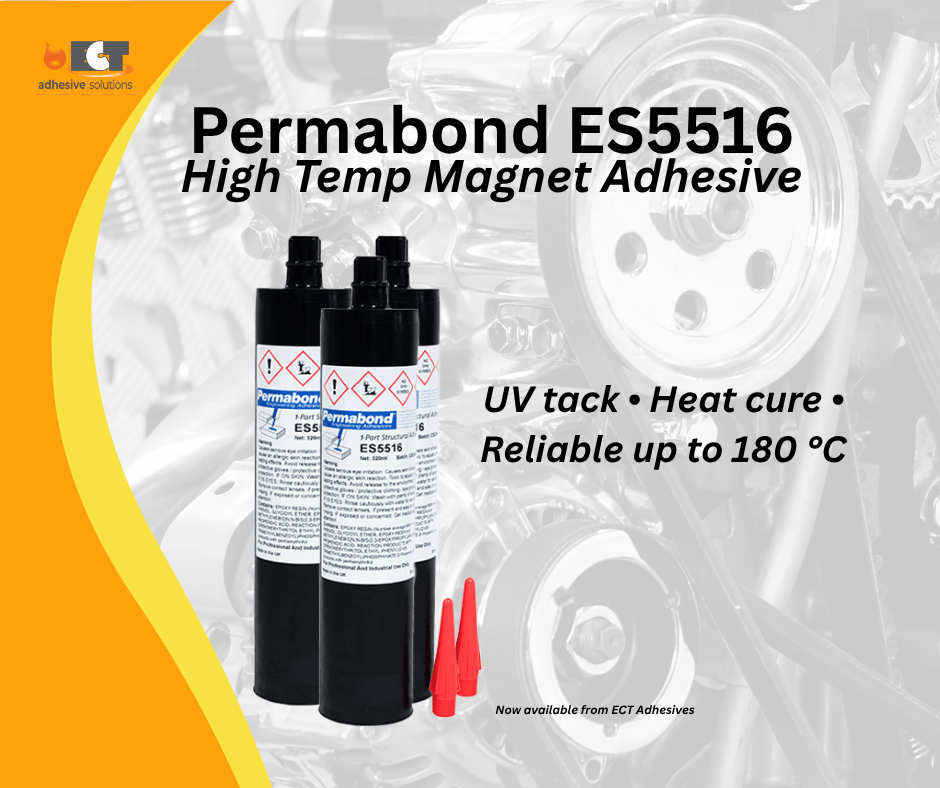 Permabond ES5516 high temperature magnet bonding epoxy adhesive with UV tack and heat cure for Class H motor applications, available from ECT Adhesives