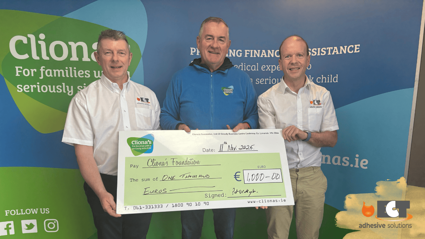 ECT Adhesives team presenting a €1,000 donation to Clíodhna’s Foundation