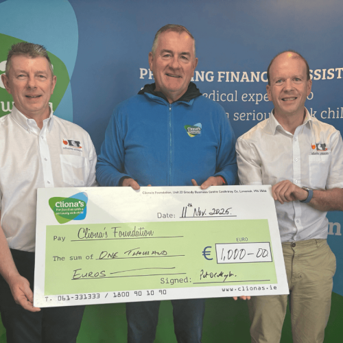 ECT Adhesives team presenting a €1,000 donation to Clíodhna’s Foundation